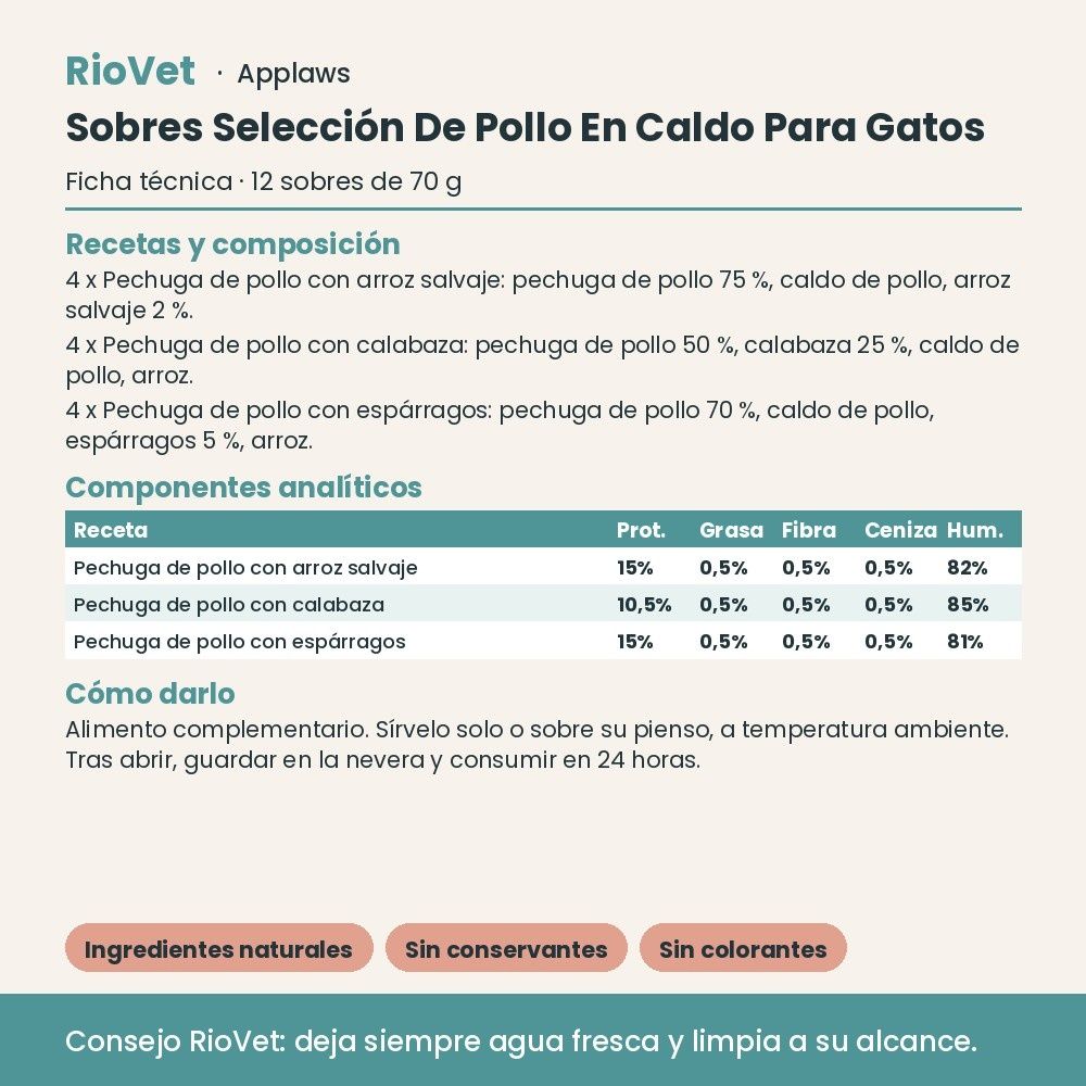 Applaws Sobres Selección De Pollo En Caldo Para Gatos Pack 12x70 g - ficha técnica