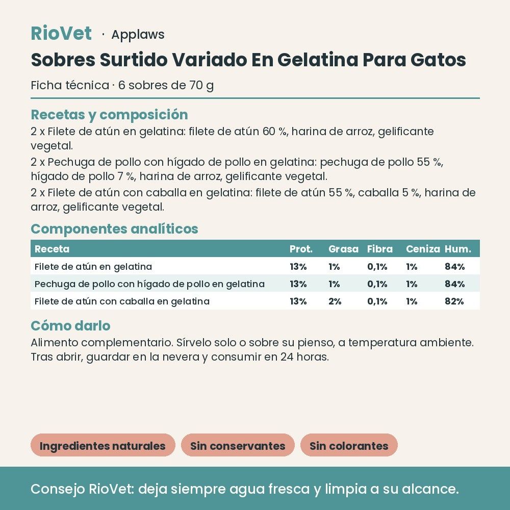 Applaws Sobres Surtido Variado En Gelatina Para Gatos Multipack 6x70 g - ficha técnica