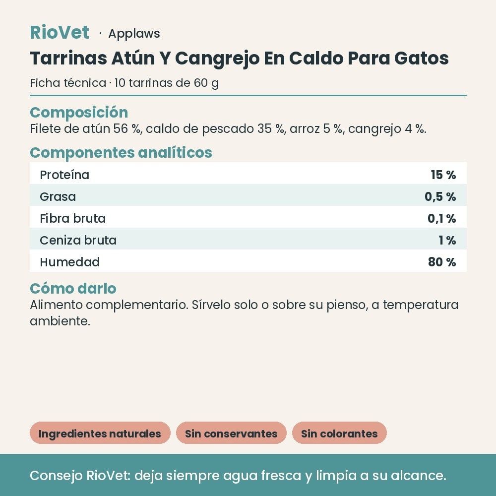 Applaws Tarrinas Atún Y Cangrejo En Caldo Para Gatos Pack 10x60 g - ficha técnica