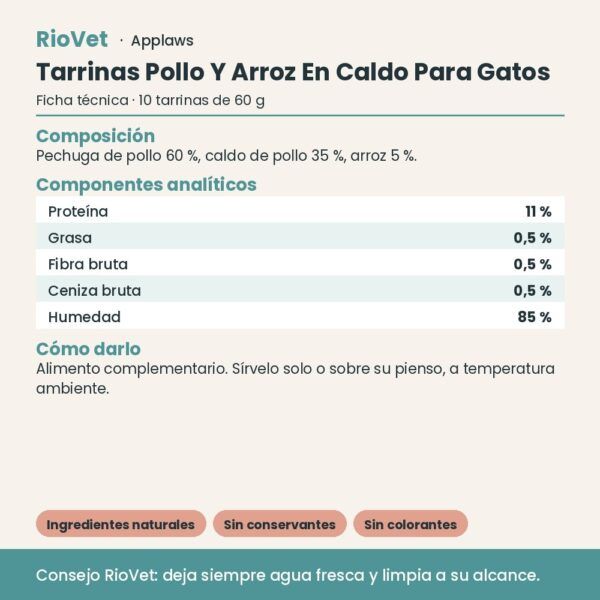 Applaws Tarrinas Pollo Y Arroz En Caldo Para Gatos Pack 10x60 g - ficha técnica