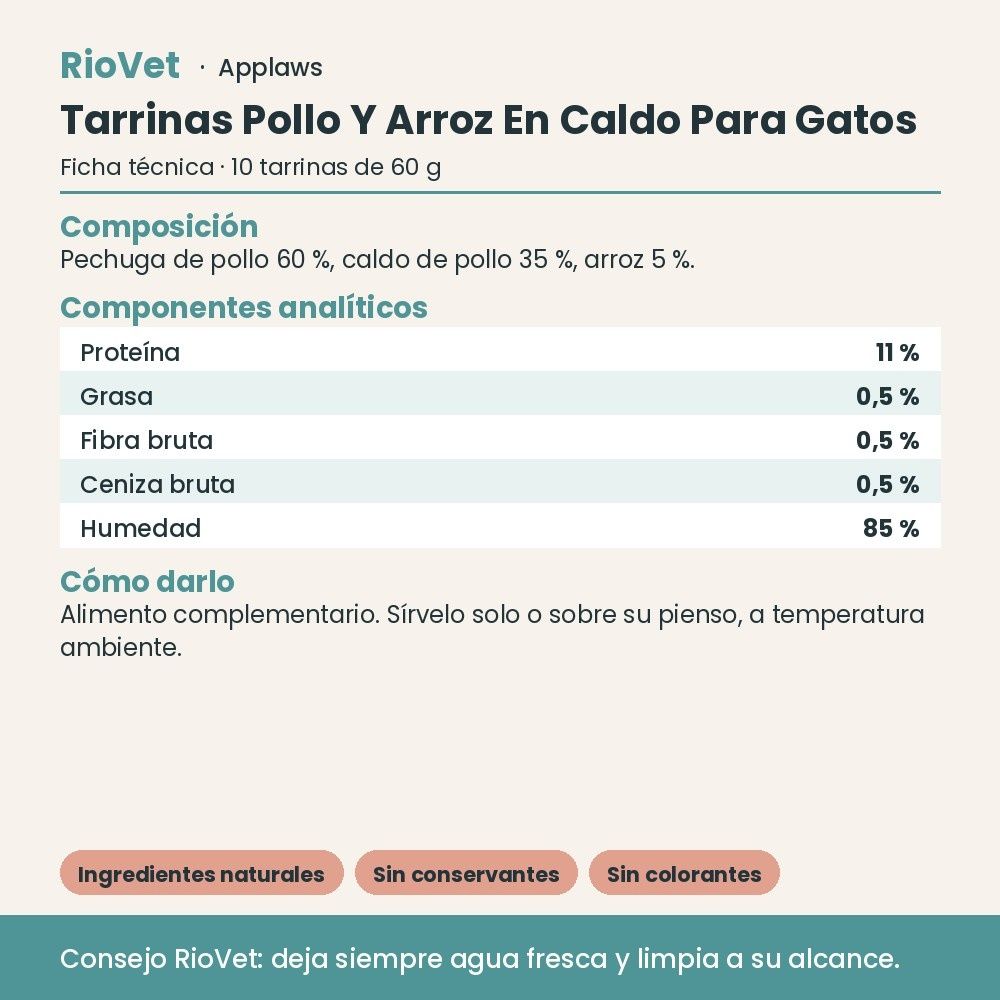 Applaws Tarrinas Pollo Y Arroz En Caldo Para Gatos Pack 10x60 g - ficha técnica
