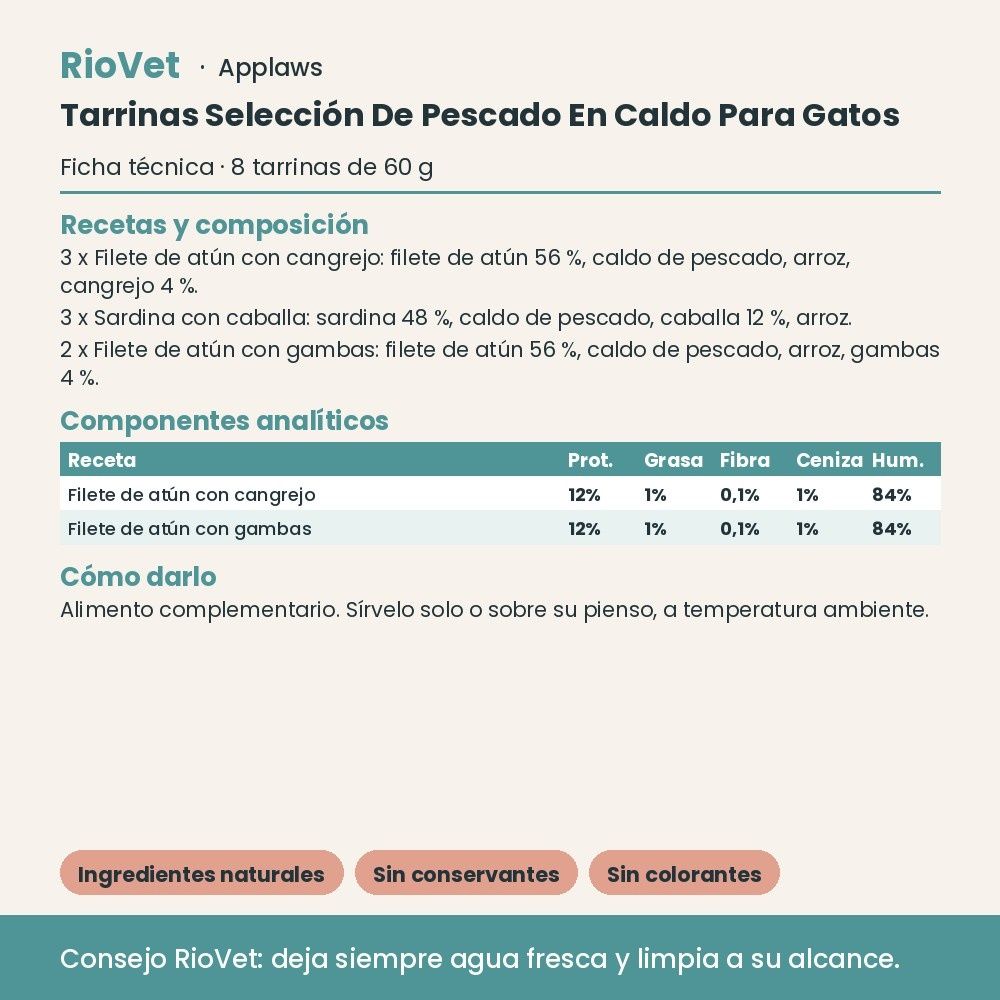 Applaws Tarrinas Selección De Pescado En Caldo Para Gatos Pack 8x60 g - ficha técnica