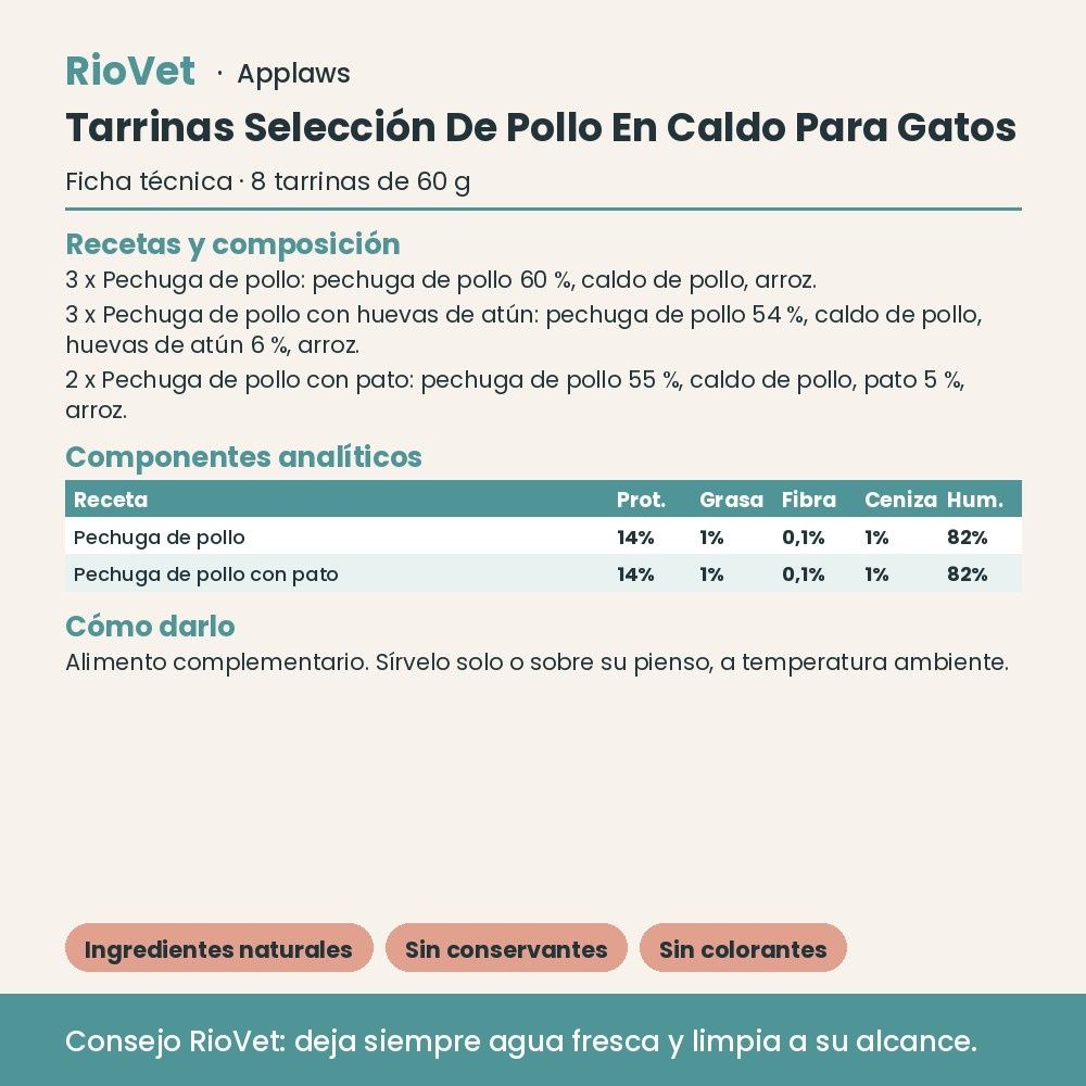 Applaws Tarrinas Selección De Pollo En Caldo Para Gatos Pack 8x60 g - ficha técnica