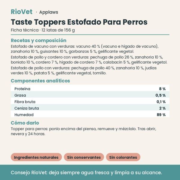 Applaws Taste Toppers Estofado Para Perros Pack 12x156 g - ficha técnica