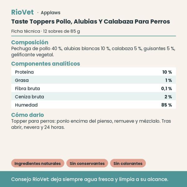 Applaws Taste Toppers Pollo, Alubias Y Calabaza Para Perros Pack 12x85 g - ficha técnica