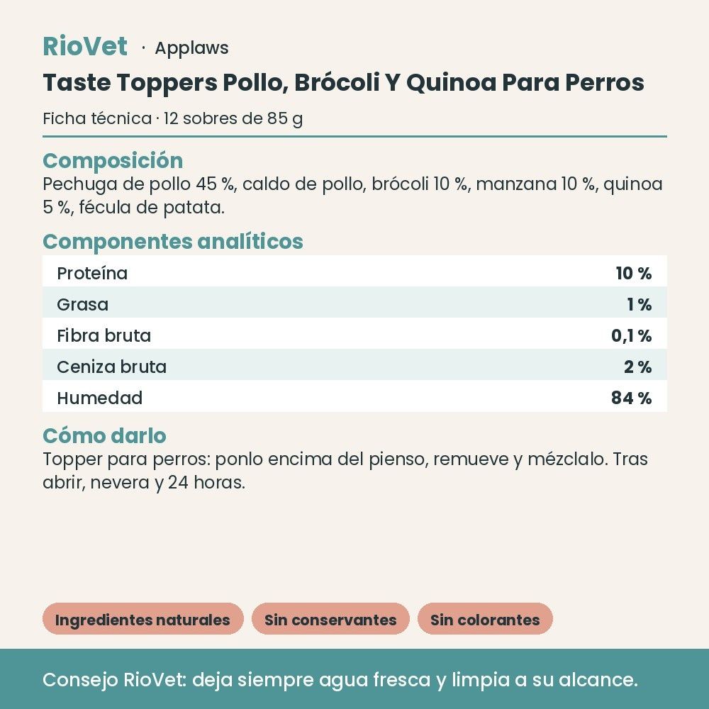 Applaws Taste Toppers Pollo, Brócoli Y Quinoa Para Perros Pack 12x85 g - ficha técnica