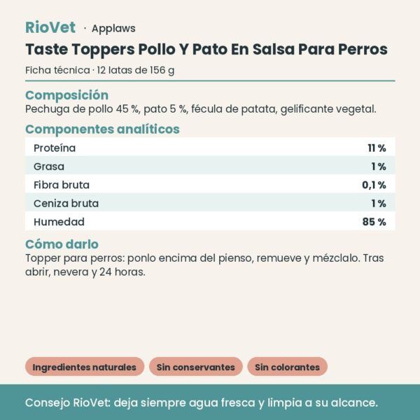 Applaws Taste Toppers Pollo Y Pato En Salsa Para Perros Pack 12x156 g - ficha técnica