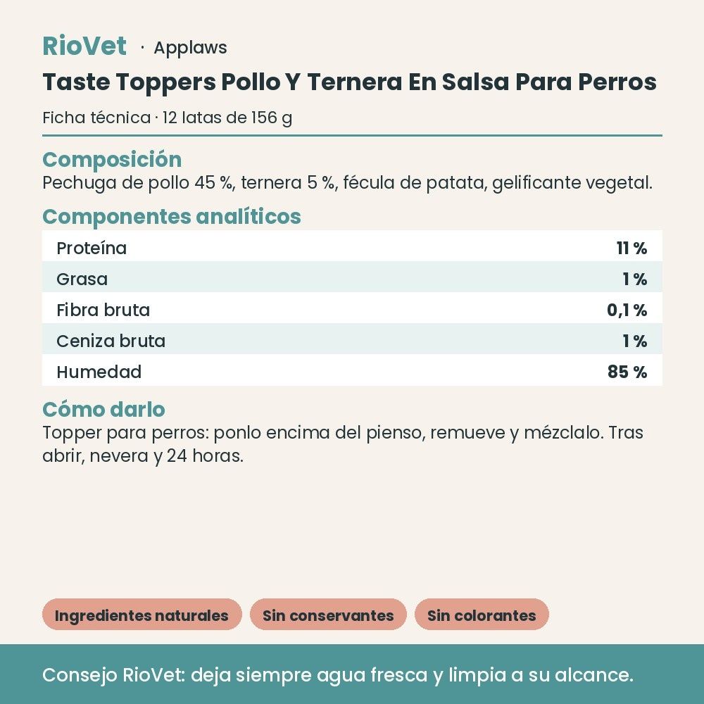 Applaws Taste Toppers Pollo Y Ternera En Salsa Para Perros Pack 12x156 g - ficha técnica