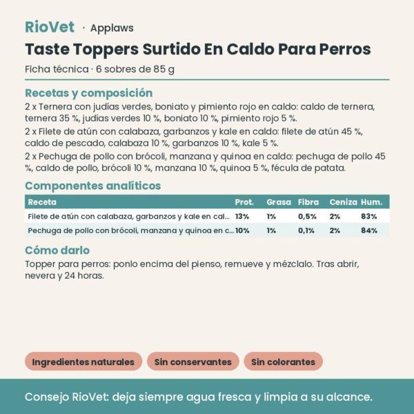 Applaws Taste Toppers Surtido En Caldo Para Perros Multipack 6x85 g - ficha técnica