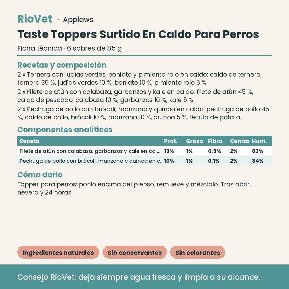 Applaws Taste Toppers Surtido En Caldo Para Perros Multipack 6x85 g - ficha técnica