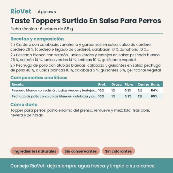 Applaws Taste Toppers Surtido En Salsa Para Perros Multipack 6x85 g - ficha técnica