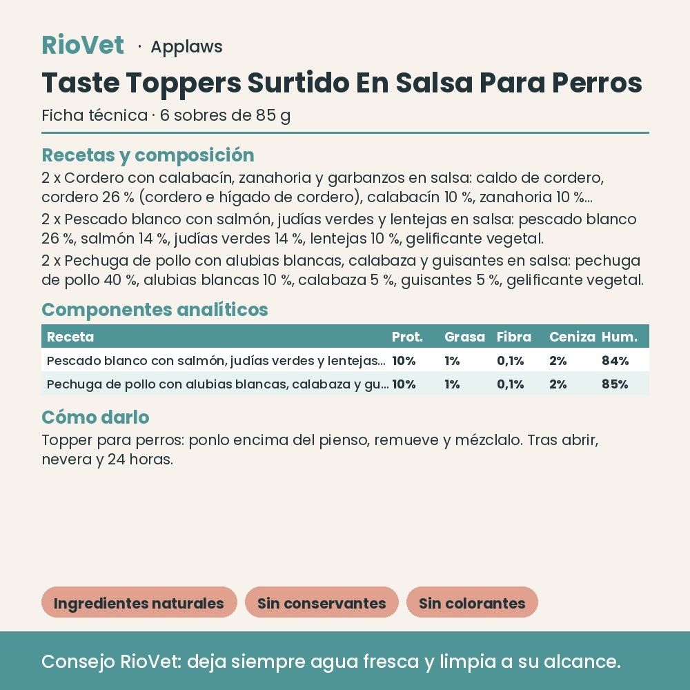 Applaws Taste Toppers Surtido En Salsa Para Perros Multipack 6x85 g - ficha técnica