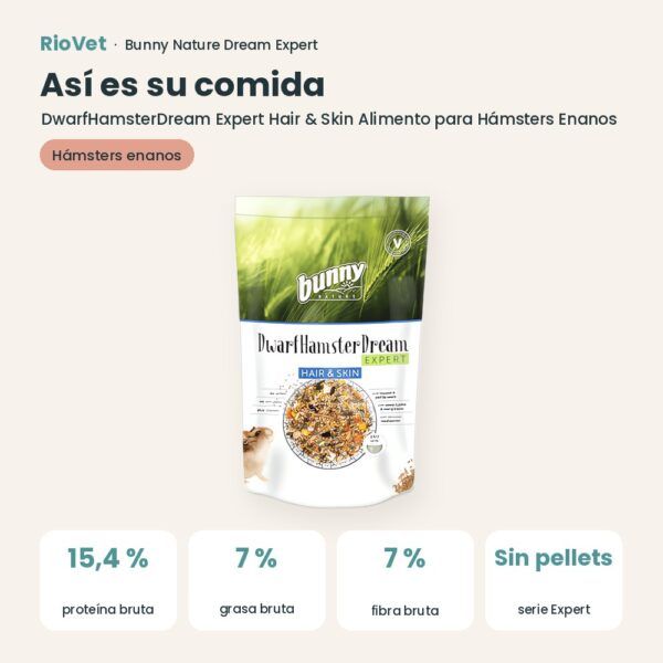 Así es su comida: Bunny Nature DwarfHamsterDream Expert Hair & Skin Alimento para Hámsters Enanos 500 g (datos clave)