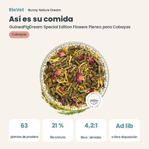 Así es su comida: Bunny Nature GuineaPigDream Special Edition Flowers Pienso para Cobayas 1,5 kg (datos clave)