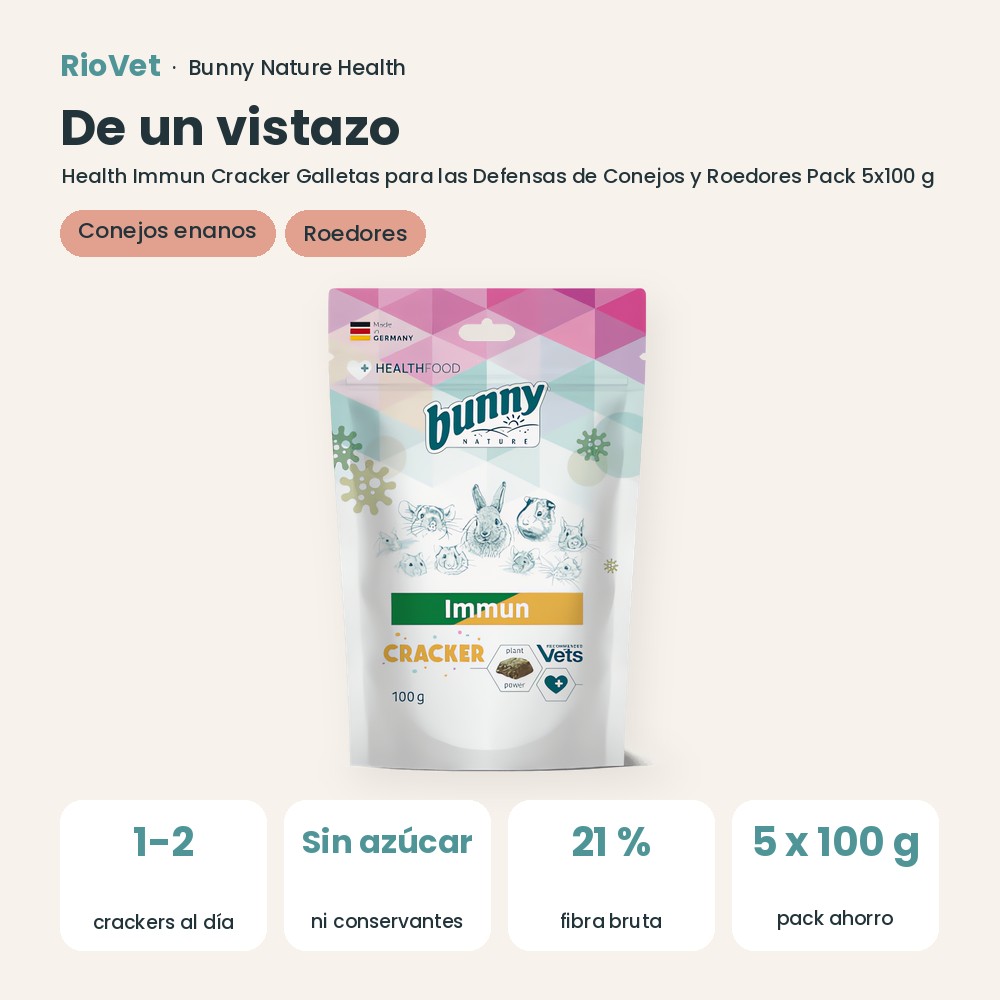 De un vistazo: Bunny Nature Health Immun Cracker Galletas para las Defensas de Conejos y Roedores Pack 5x100 g (datos clave)
