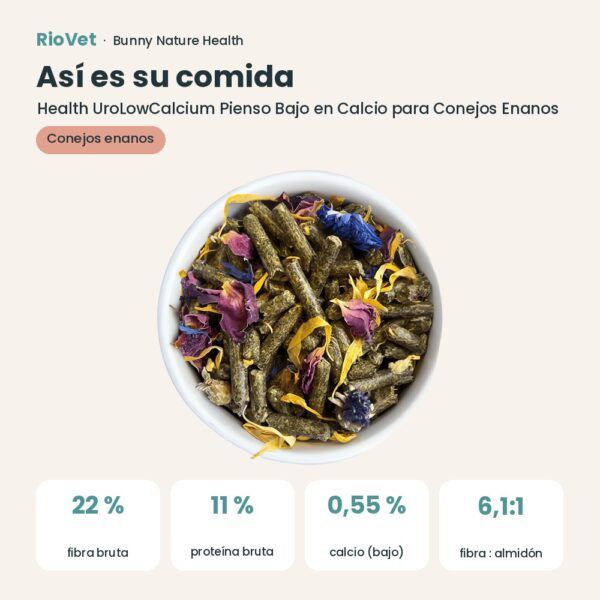 Así es su comida: Bunny Nature Health UroLowCalcium Pienso Bajo en Calcio para Conejos Enanos 800 g (datos clave)
