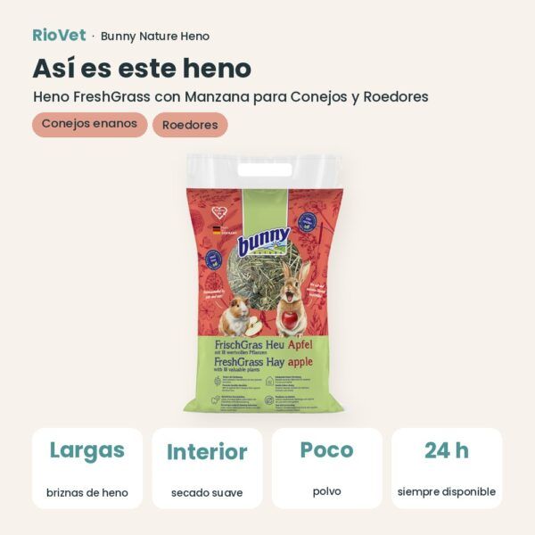 Así es este heno: Bunny Nature Heno FreshGrass con Manzana para Conejos y Roedores 500 g (datos clave)