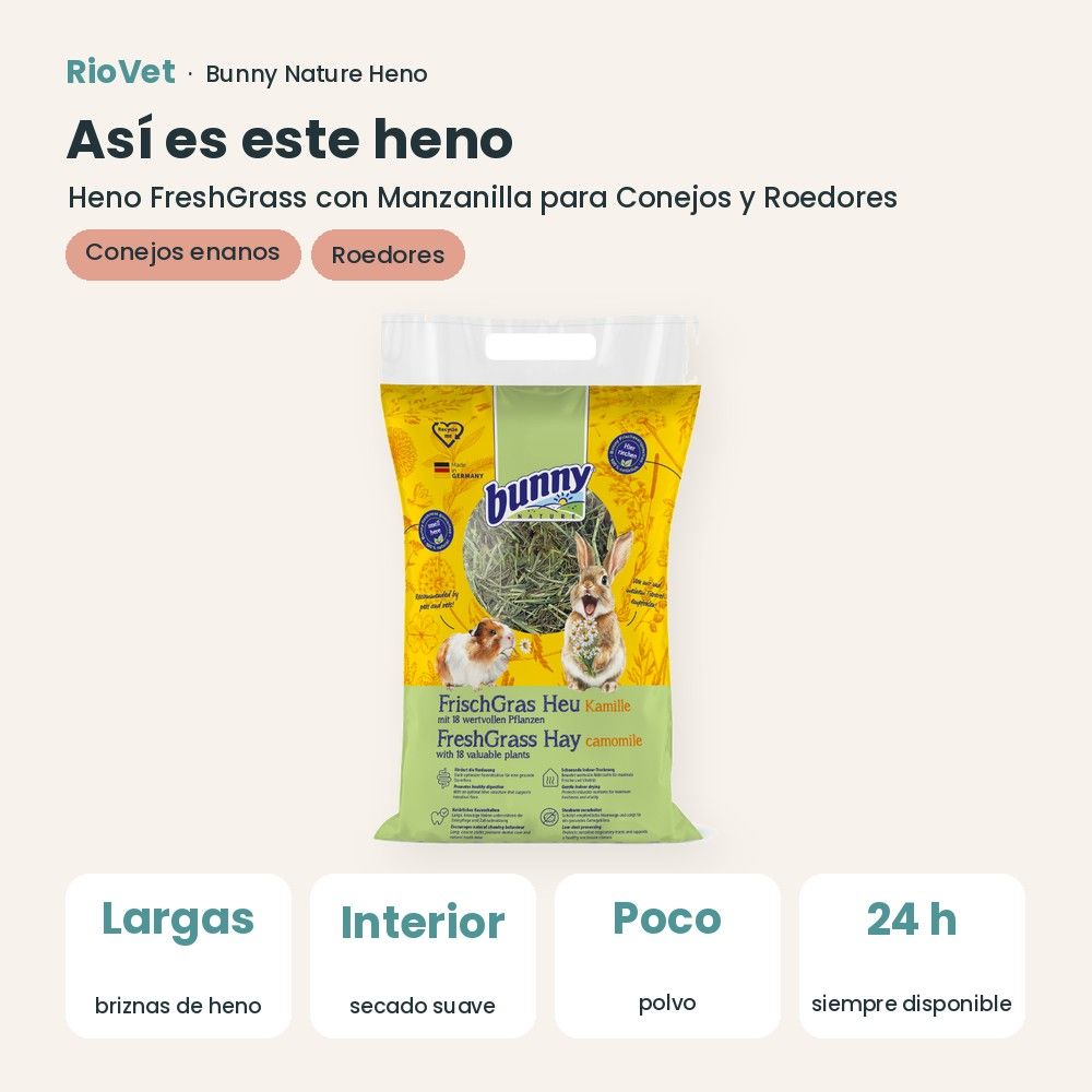 Así es este heno: Bunny Nature Heno FreshGrass con Manzanilla para Conejos y Roedores 500 g (datos clave)