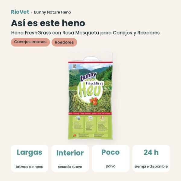 Así es este heno: Bunny Nature Heno FreshGrass con Rosa Mosqueta para Conejos y Roedores 500 g (datos clave)