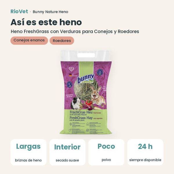 Así es este heno: Bunny Nature Heno FreshGrass con Verduras para Conejos y Roedores 500 g (datos clave)