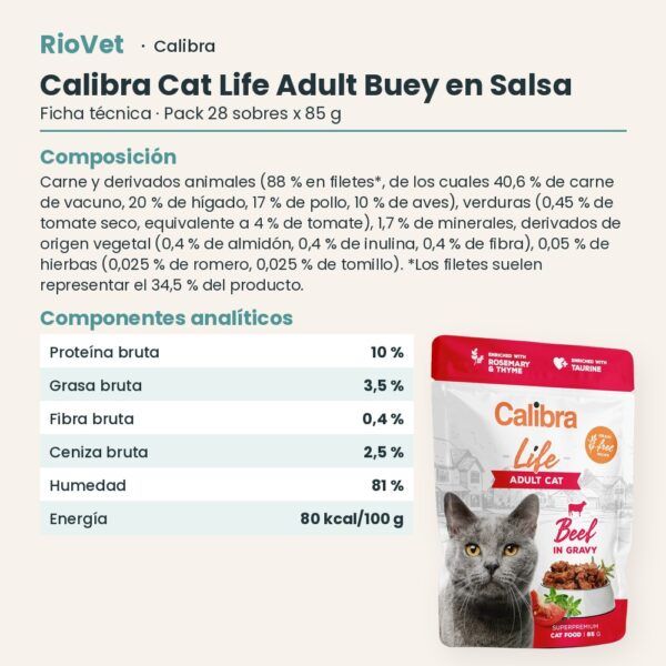 Ficha técnica de Calibra Cat Life Adult Buey en Salsa para Gatos Pack 28x85 g: composición y componentes analíticos