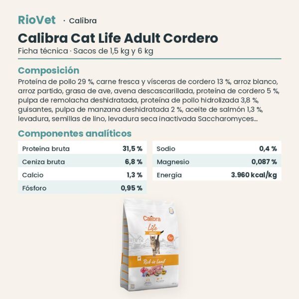 Ficha técnica de Calibra Cat Life Adult Cordero Pienso para Gatos: composición y componentes analíticos