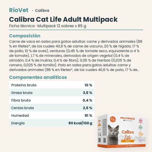 Ficha técnica de Calibra Cat Life Adult Multipack Sobres en Salsa para Gatos 12x85 g: composición y componentes analíticos