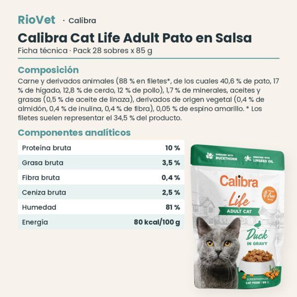 Ficha técnica de Calibra Cat Life Adult Pato en Salsa para Gatos Pack 28x85 g: composición y componentes analíticos