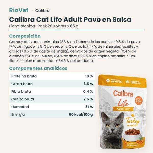 Ficha técnica de Calibra Cat Life Adult Pavo en Salsa para Gatos Pack 28x85 g: composición y componentes analíticos