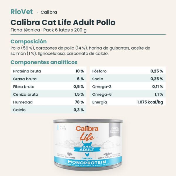 Ficha técnica de Calibra Cat Life Adult Pollo para Gatos en Lata Pack 6x200 g: composición y componentes analíticos