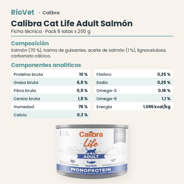 Ficha técnica de Calibra Cat Life Adult Salmón para Gatos en Lata Pack 6x200 g: composición y componentes analíticos