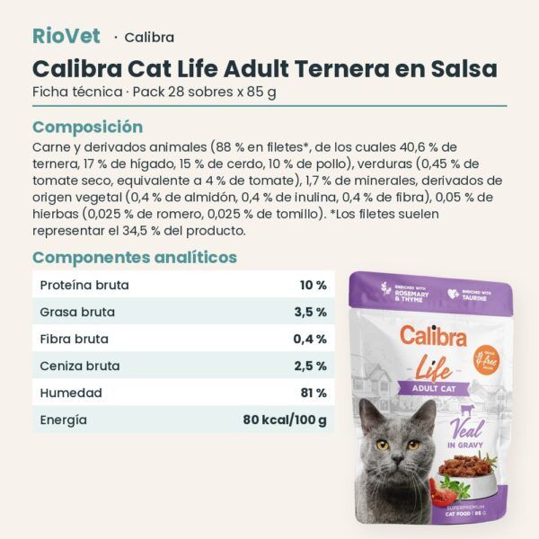 Ficha técnica de Calibra Cat Life Adult Ternera en Salsa para Gatos Pack 28x85 g: composición y componentes analíticos