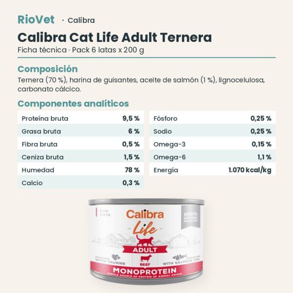 Ficha técnica de Calibra Cat Life Adult Ternera para Gatos en Lata Pack 6x200 g: composición y componentes analíticos