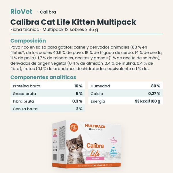 Ficha técnica de Calibra Cat Life Kitten Multipack Sobres en Salsa para Gatitos 12x85 g: composición y componentes analíticos
