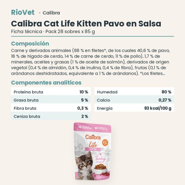 Ficha técnica de Calibra Cat Life Kitten Pavo en Salsa para Gatitos Pack 28x85 g: composición y componentes analíticos