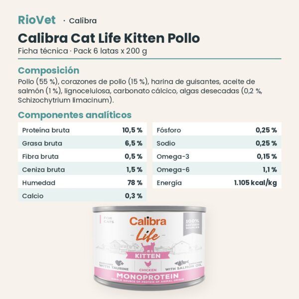 Ficha técnica de Calibra Cat Life Kitten Pollo para Gatitos en Lata Pack 6x200 g: composición y componentes analíticos