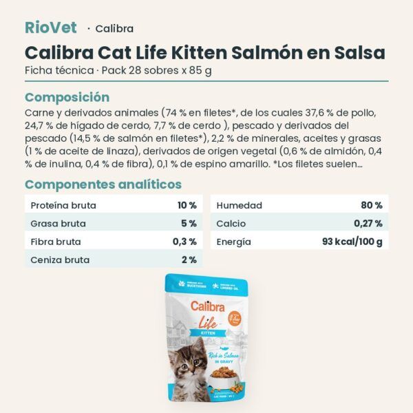Ficha técnica de Calibra Cat Life Kitten Salmón en Salsa para Gatitos Pack 28x85 g: composición y componentes analíticos
