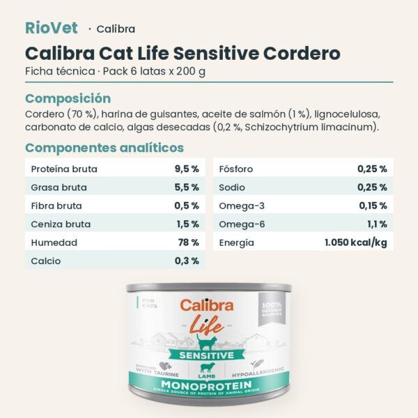 Ficha técnica de Calibra Cat Life Sensitive Cordero para Gatos en Lata Pack 6x200 g: composición y componentes analíticos