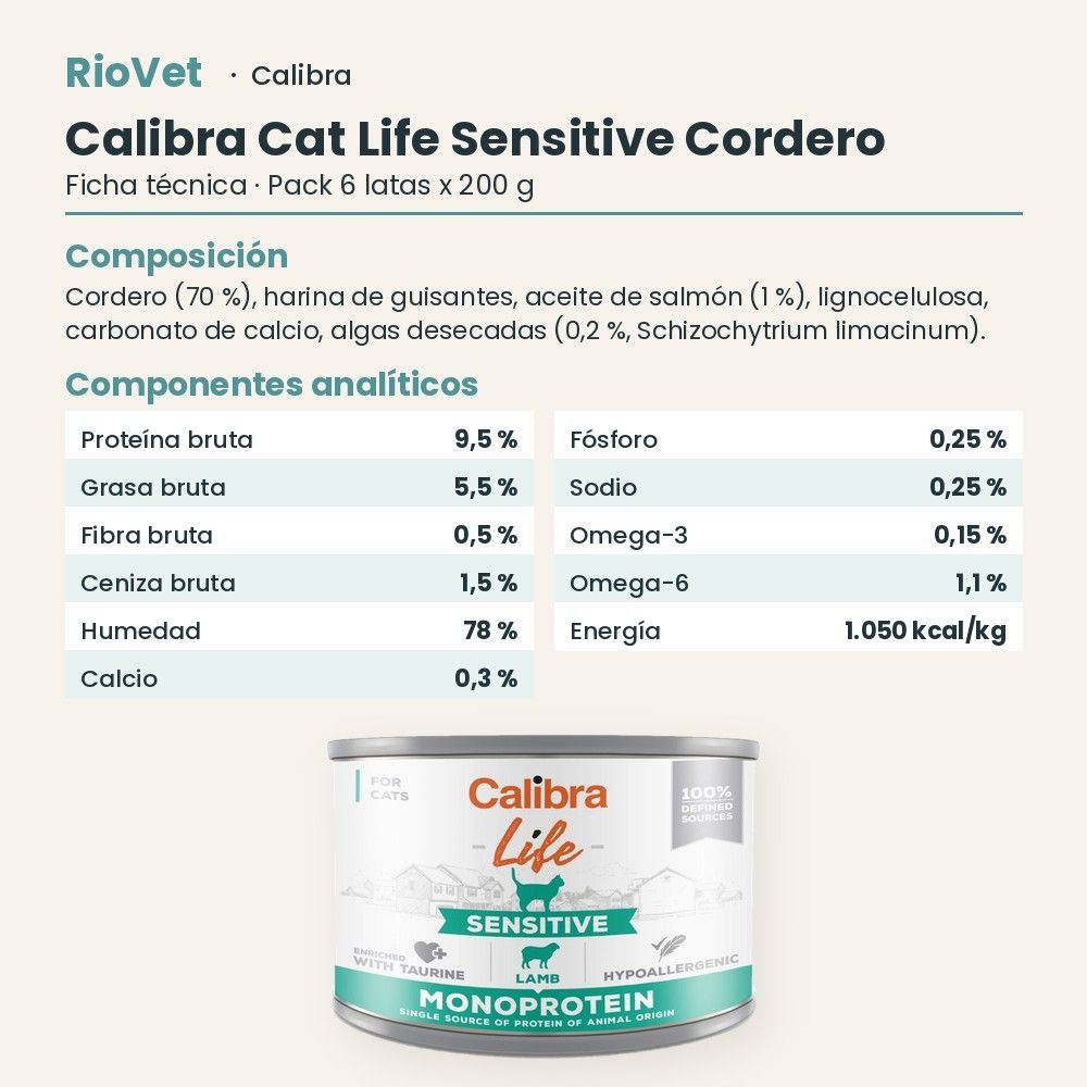 Ficha técnica de Calibra Cat Life Sensitive Cordero para Gatos en Lata Pack 6x200 g: composición y componentes analíticos