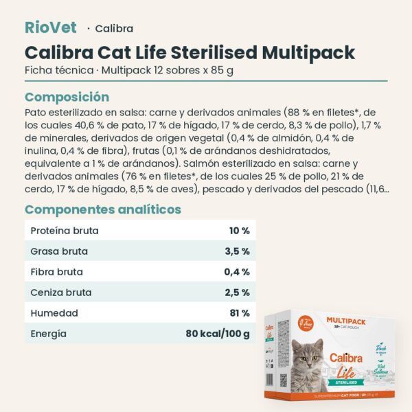 Ficha técnica de Calibra Cat Life Sterilised Multipack Sobres para Gatos Esterilizados 12x85 g: composición y componentes analíticos