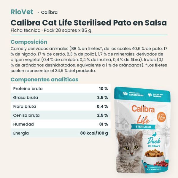 Ficha técnica de Calibra Cat Life Sterilised Pato en Salsa para Gatos Esterilizados Pack 28x85 g: composición y componentes analíticos