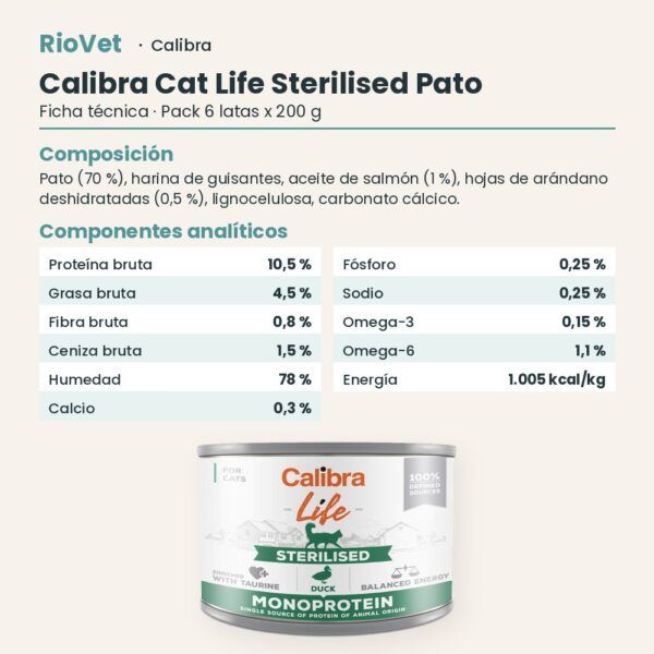 Ficha técnica de Calibra Cat Life Sterilised Pato para Gatos en Lata Pack 6x200 g: composición y componentes analíticos