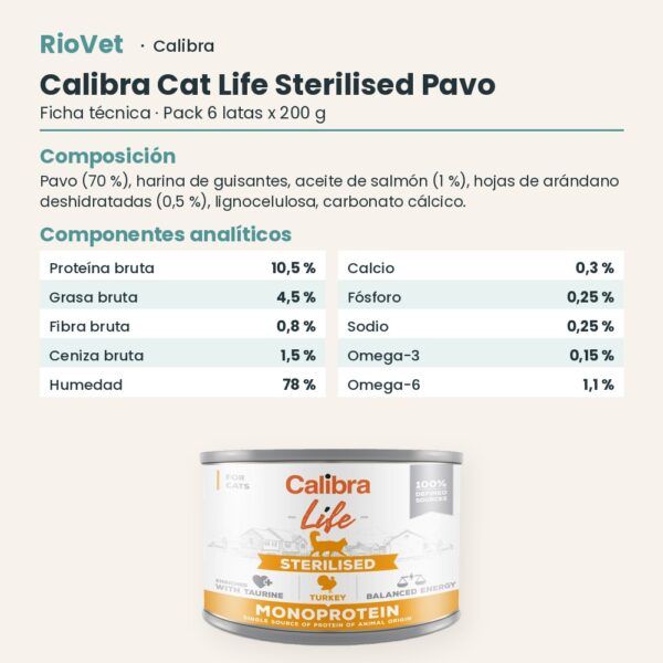 Ficha técnica de Calibra Cat Life Sterilised Pavo para Gatos en Lata Pack 6x200 g: composición y componentes analíticos