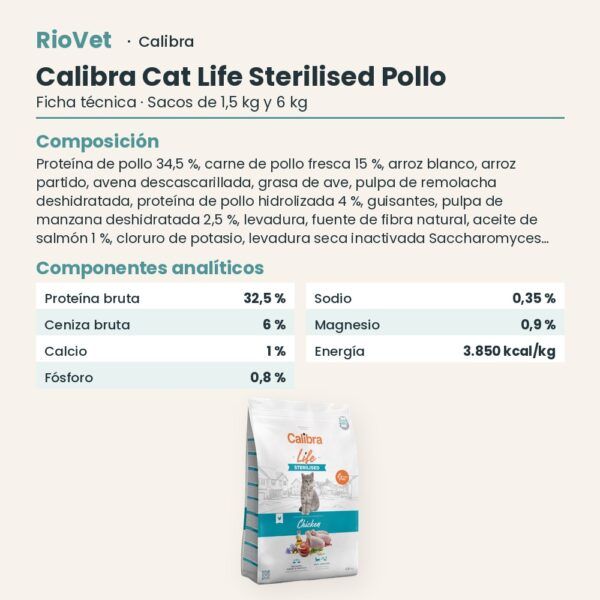 Ficha técnica de Calibra Cat Life Sterilised Pollo Pienso para Gatos Esterilizados: composición y componentes analíticos