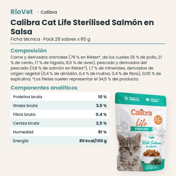 Ficha técnica de Calibra Cat Life Sterilised Salmón en Salsa para Gatos Esterilizados Pack 28x85 g: composición y componentes analíticos