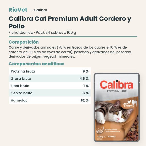 Ficha técnica de Calibra Cat Premium Adult Cordero y Pollo en Salsa para Gatos Pack 24x100 g: composición y componentes analíticos