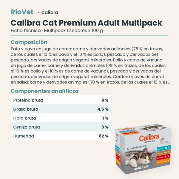 Ficha técnica de Calibra Cat Premium Adult Multipack Sobres en Salsa para Gatos 12x100 g: composición y componentes analíticos