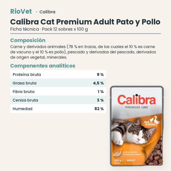 Ficha técnica de Calibra Cat Premium Adult Pato y Pollo en Salsa para Gatos Pack 12x100 g: composición y componentes analíticos