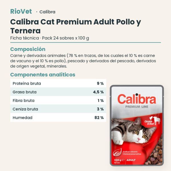 Ficha técnica de Calibra Cat Premium Adult Pollo y Ternera en Salsa para Gatos Pack 24x100 g: composición y componentes analíticos