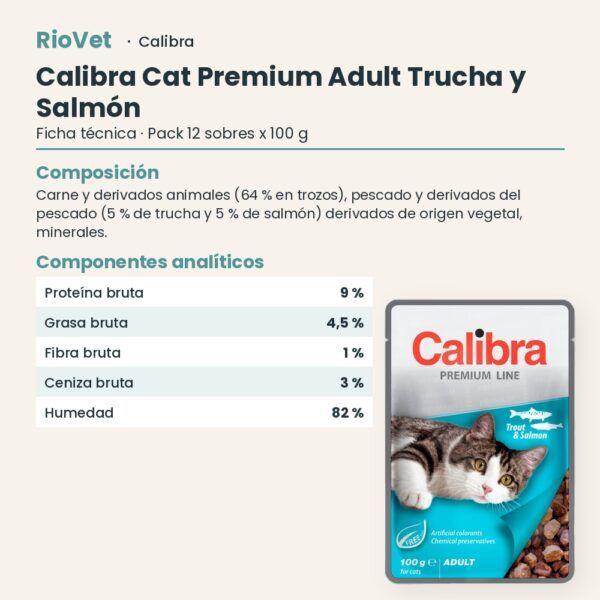 Ficha técnica de Calibra Cat Premium Adult Trucha y Salmón en Salsa para Gatos Pack 12x100 g: composición y componentes analíticos